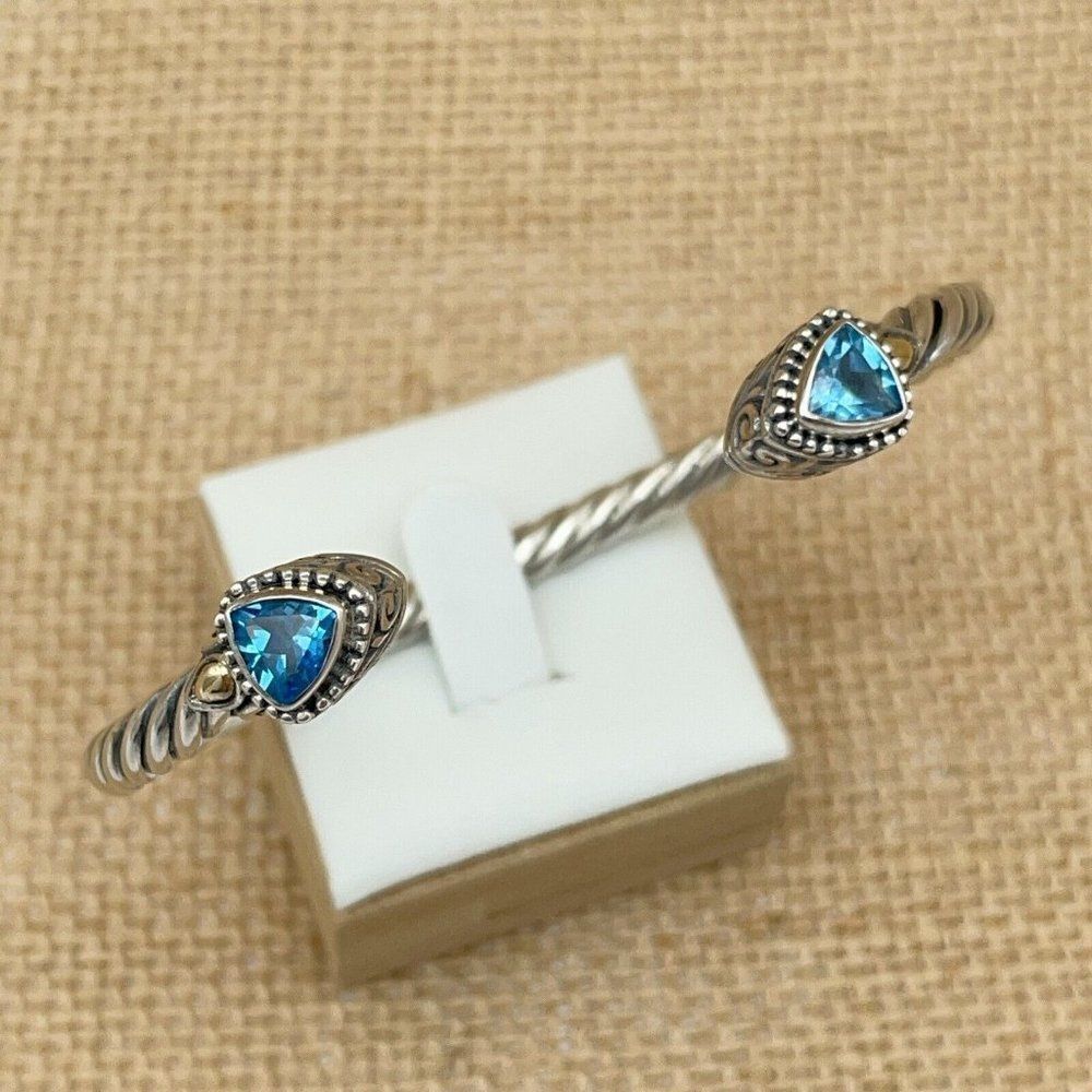 Cuff Bracelet Sterling Silver 18K Gold Blue Topaz Bali Designs Trillion Cut 6.75